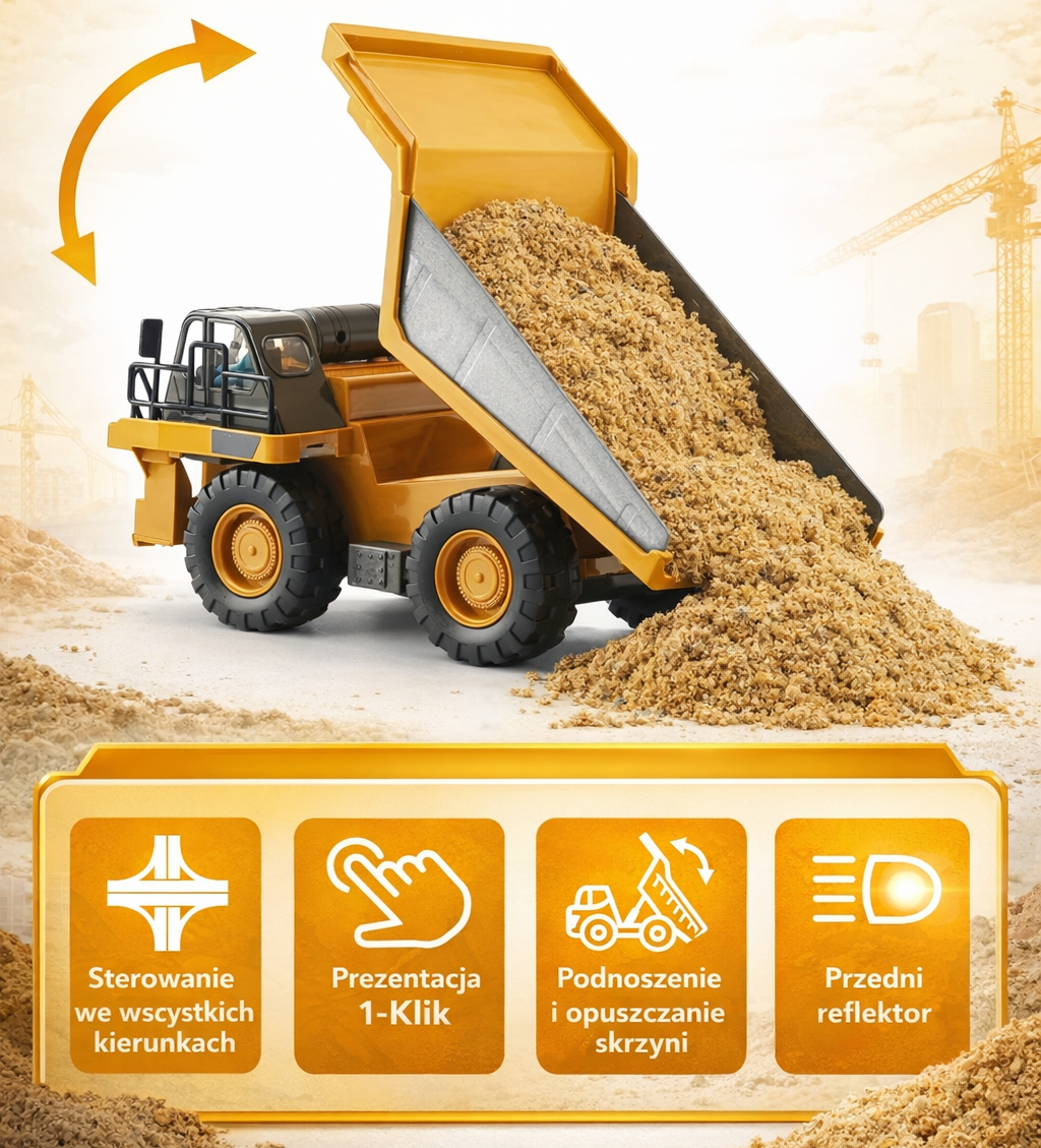 Wywrotka RC Zdalnie Sterowana – Kiprowana Skrzynia, Światła Robocze