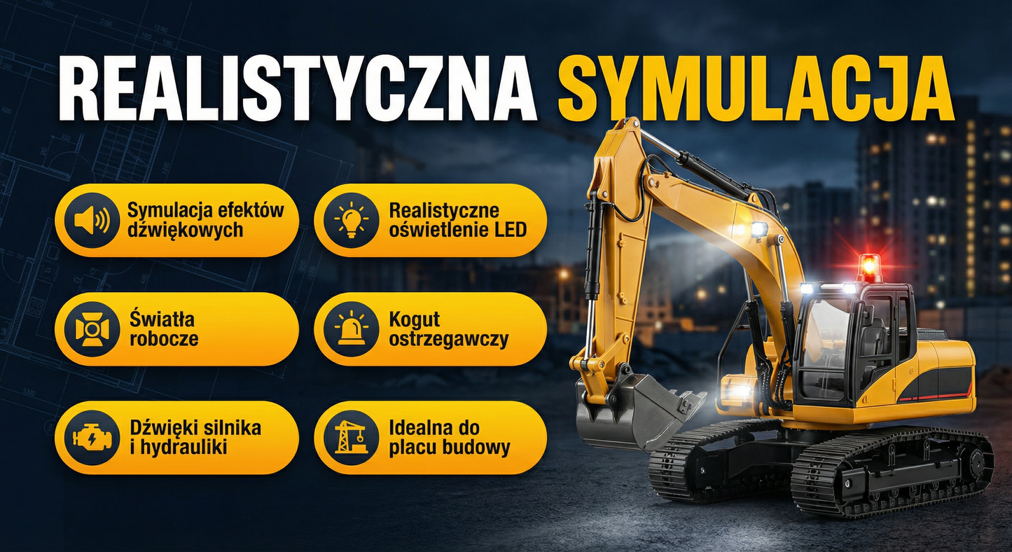 Koparka RC Zdalnie Sterowana – Gąsienicowa, 11 funkcji ruchu