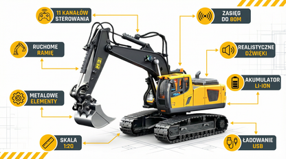 Koparka RC Zdalnie Sterowana – Gąsienicowa, 11 funkcji ruchu